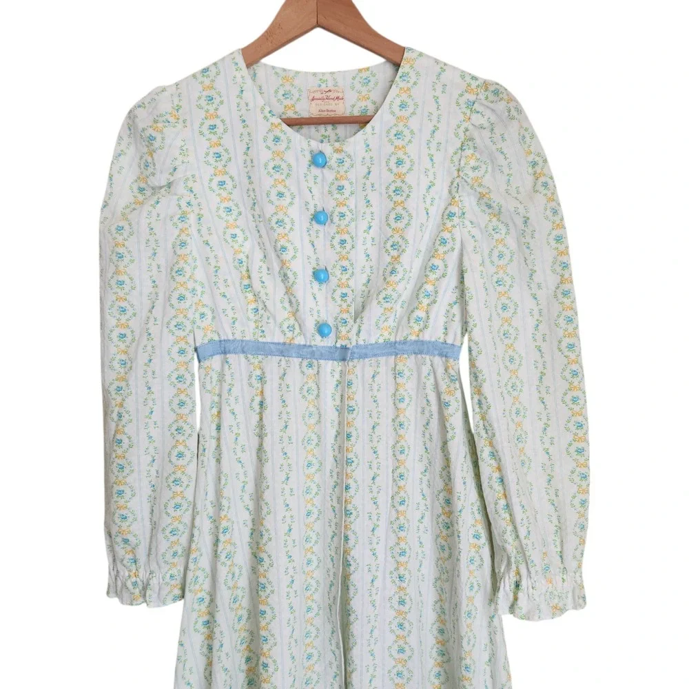 70s Vtg Handmade Maxi Prairie Dress‎ Roses Floral Seersucker cottagecore - Picture 8 of 16